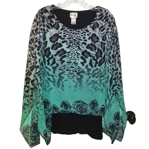Shana K L Blouse Womens Floral Animal Print Layered Top Casual poncho style - Picture 1 of 5